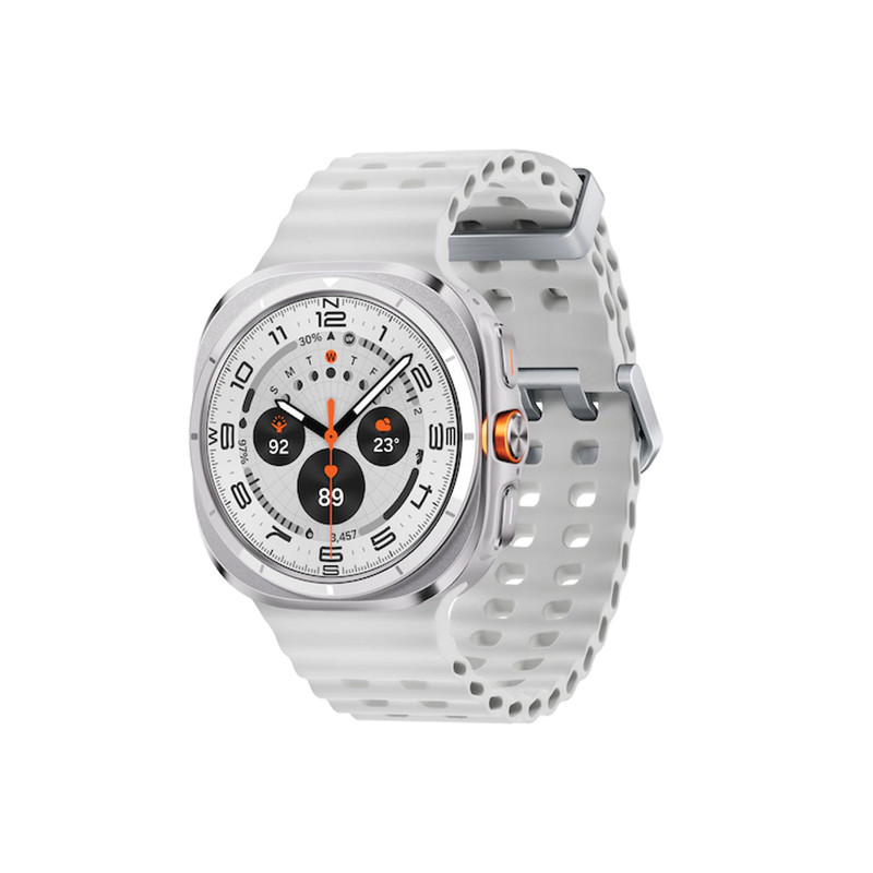 محصول نمونه تستی ساعت هوشمند سامسونگ مدل Galaxy Watch Ultra دارای قابلیت های کنترل موسیقی (Music Player)، قابلیت مکالمه از طریق بلوتوث، قابلیت تغییر طرح ساعت یا تم، صفحه همیشه روشن (Always-on Display)، پشتیبانی از دستیار صوتی بند سیلیکون